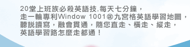 想讓老闆同事對你耳目一新，投以愛的目光嗎？想擺脫「hello」「how are you」「fine」「thank you」的日常對話嗎？想用英語聊世界動態、大師導讀嗎?快來Kiss English吧！20堂上班族必殺英語技,每天七分鐘，走一輪專利Window 1001㊣九宮格英語學習地圖，聽說讀寫，融會貫通，隨您直走、橫走、縱走，英語學習路怎麼走都通！